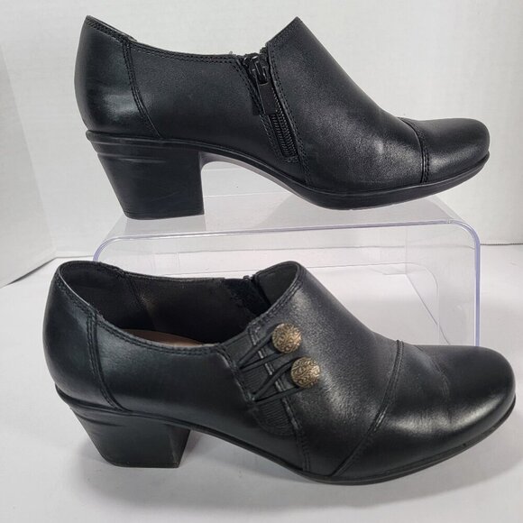 Clarks womens 8 Emslie Warren Slip On Loafer Black Leather Office Mid Heel‎ - Picture 1 of 11